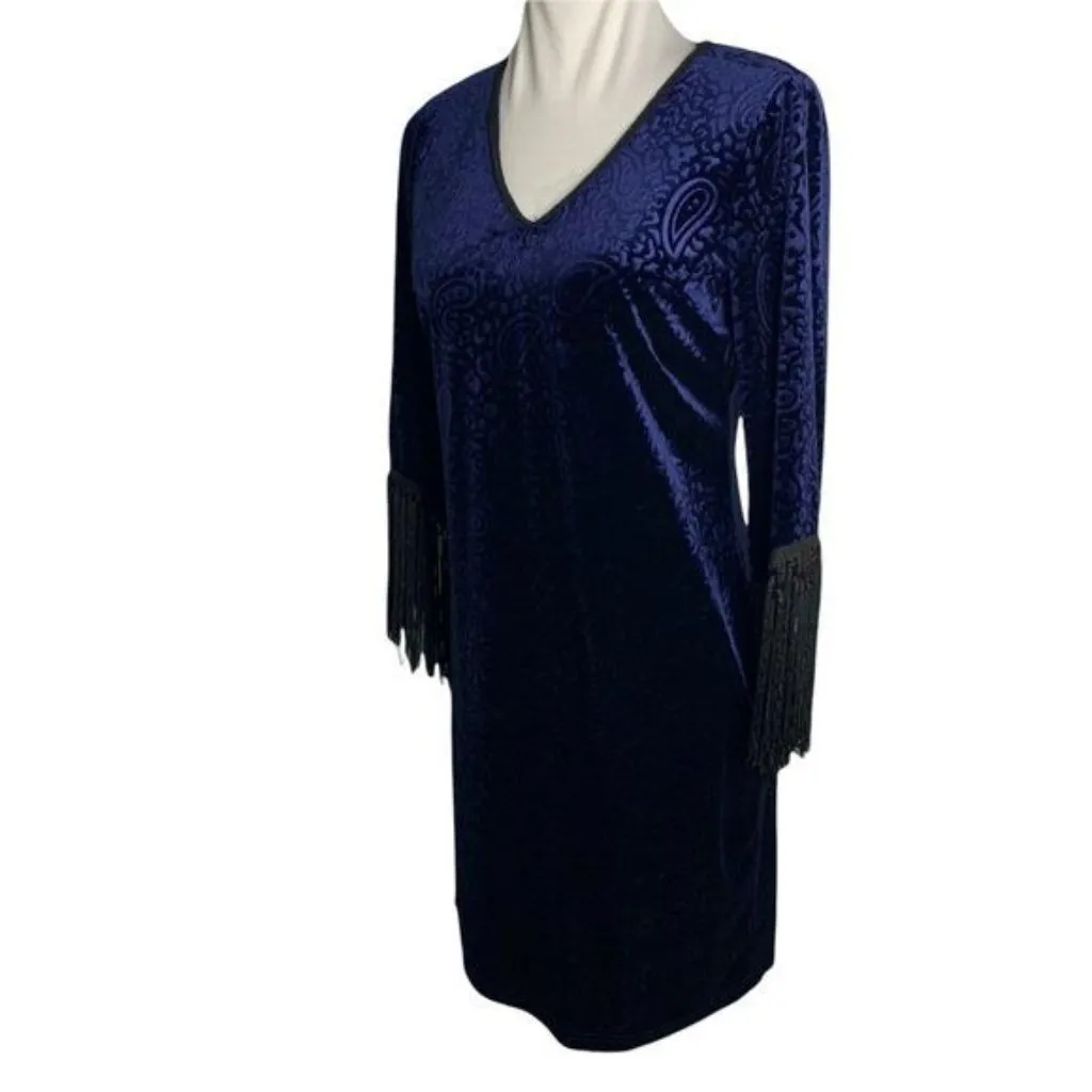 Spense Burnout Velvet Shift Dress 8 Blue Burnout Half Sleeve Fringe Goth - Image 4
