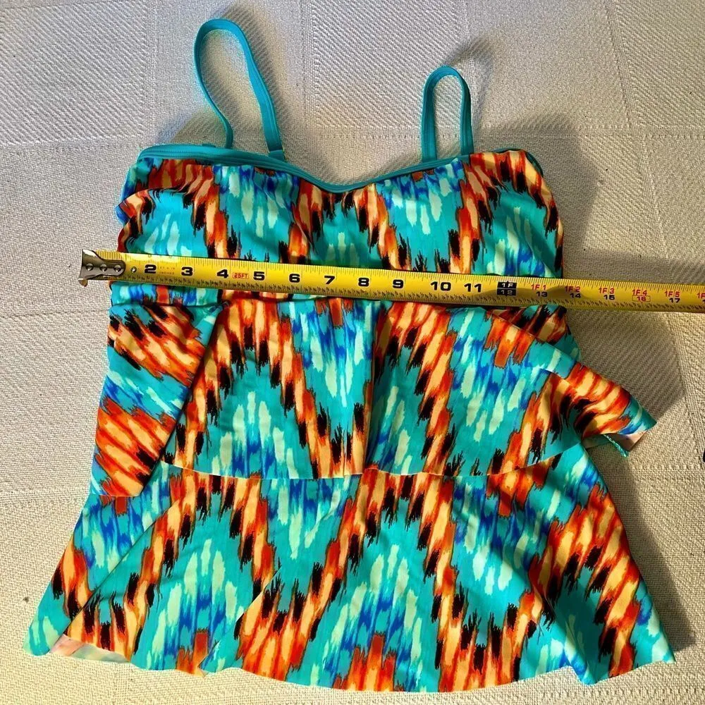 Venus Tankini Swim Top Stretch Ruffle Tiered Aztec Orange Teal Green Women Sz 6. - Image 5