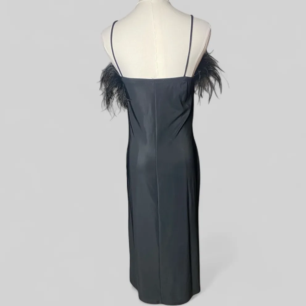 WINNER Vintage 90s Black Feather
Trim Midi Slip Dress Sides Slit S - Image 4