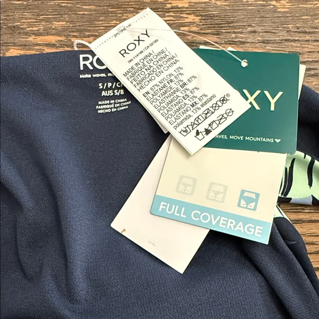 NWT Roxy Navy Blue Leaf Print Bikini Bottom Size Small Full Coverage - Image 3