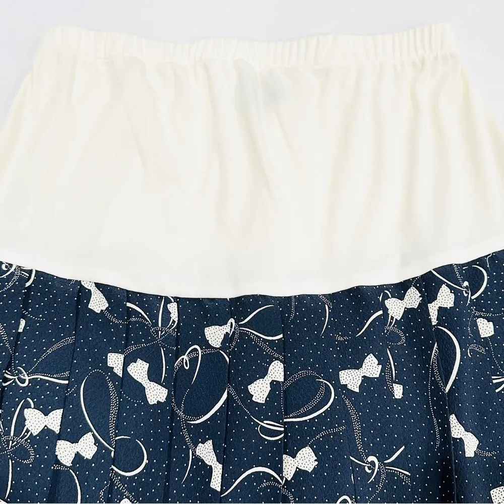 Vintage Allisia Drop Waist Cream Navy Bows Ribbons Printed Pleated Skirt Blue Size M - Image 3