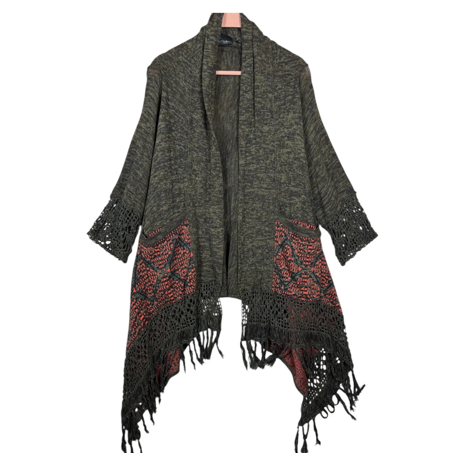 Cine Anthropologie Open Front Boho Crochet Fringe Geometric Cardigan Sweater M Green Size M - Image 2