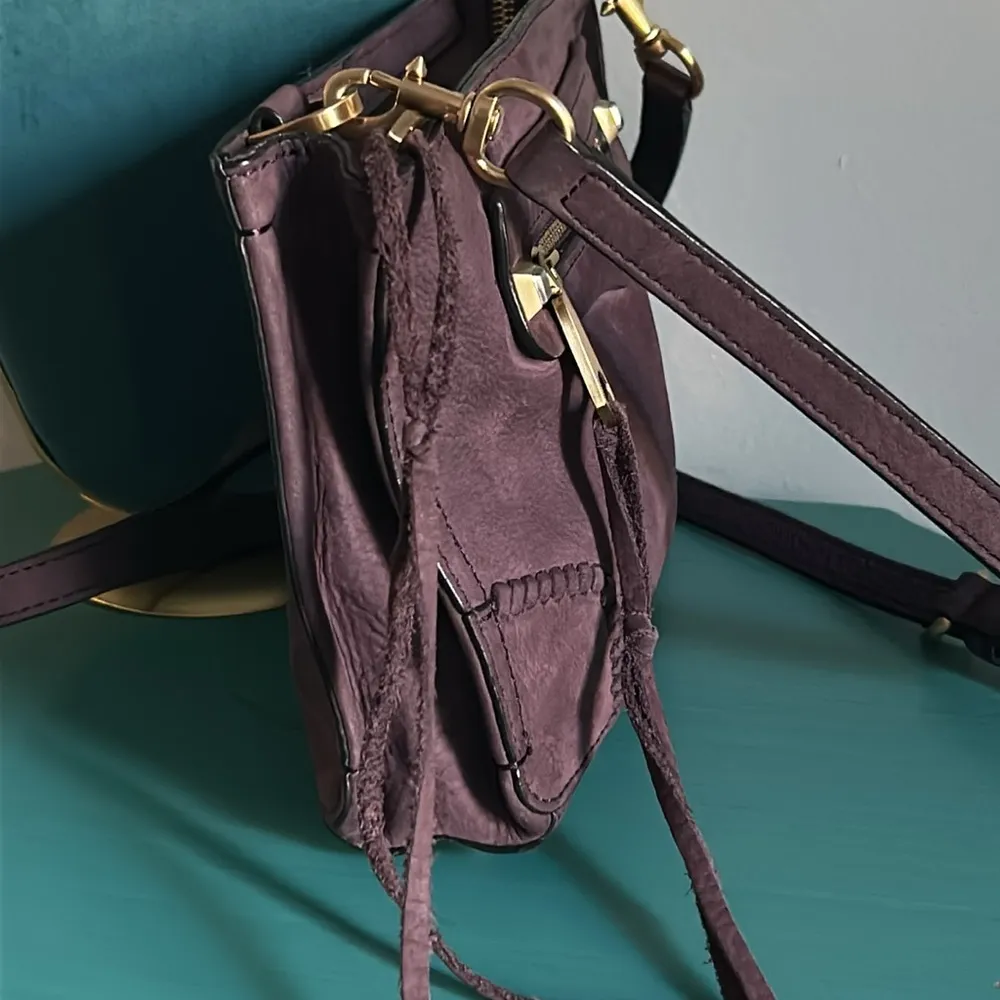 Plum Purple Leather Brushed Suede Crossbody Bag Purse - Image 3