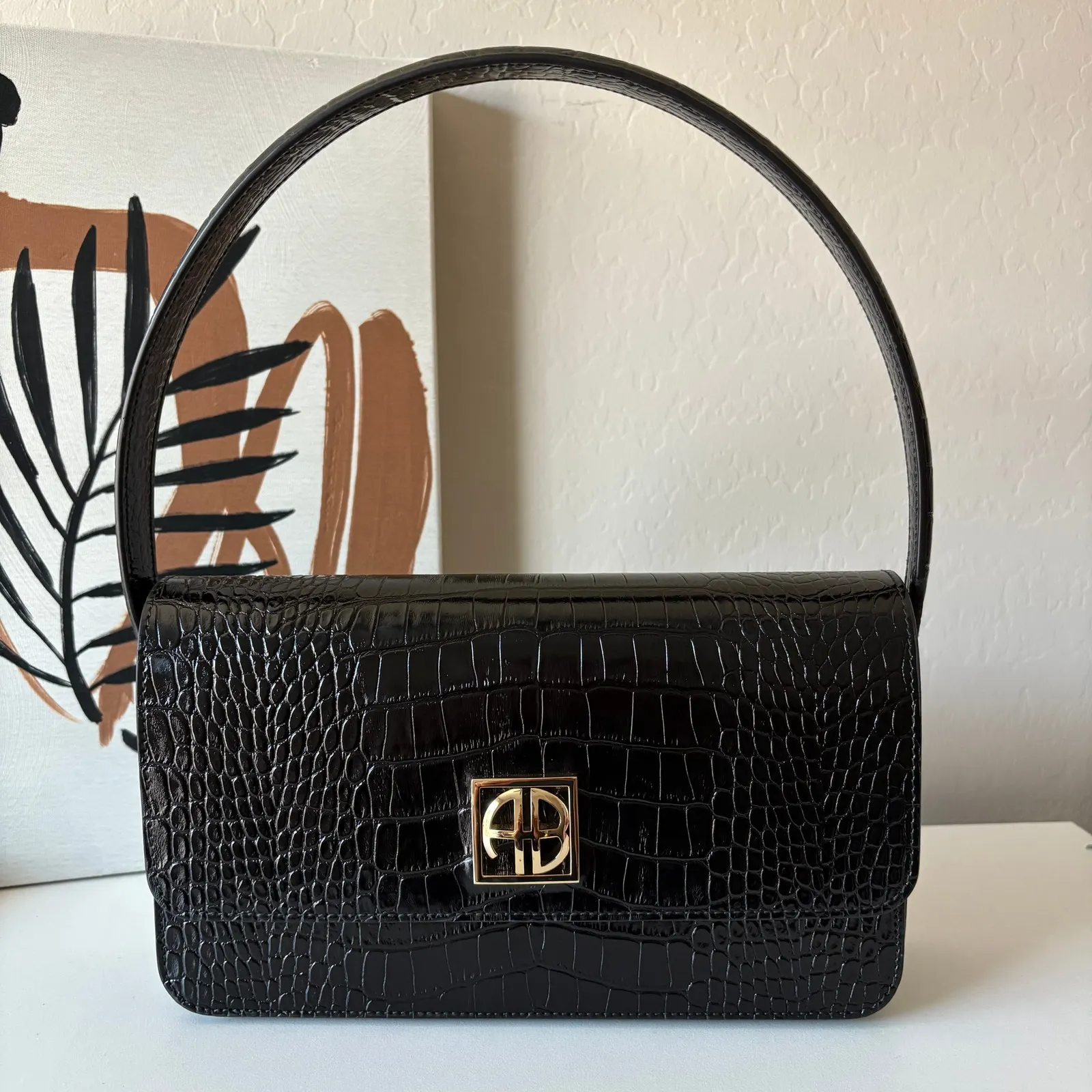 Anine Bing Elly Shoulder Bag Croc Embossed Black Leather Purse - Image 2