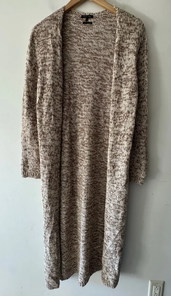 Massimo Dutti Brown and White Knit Open Front Cardigan Sweater - Image 1