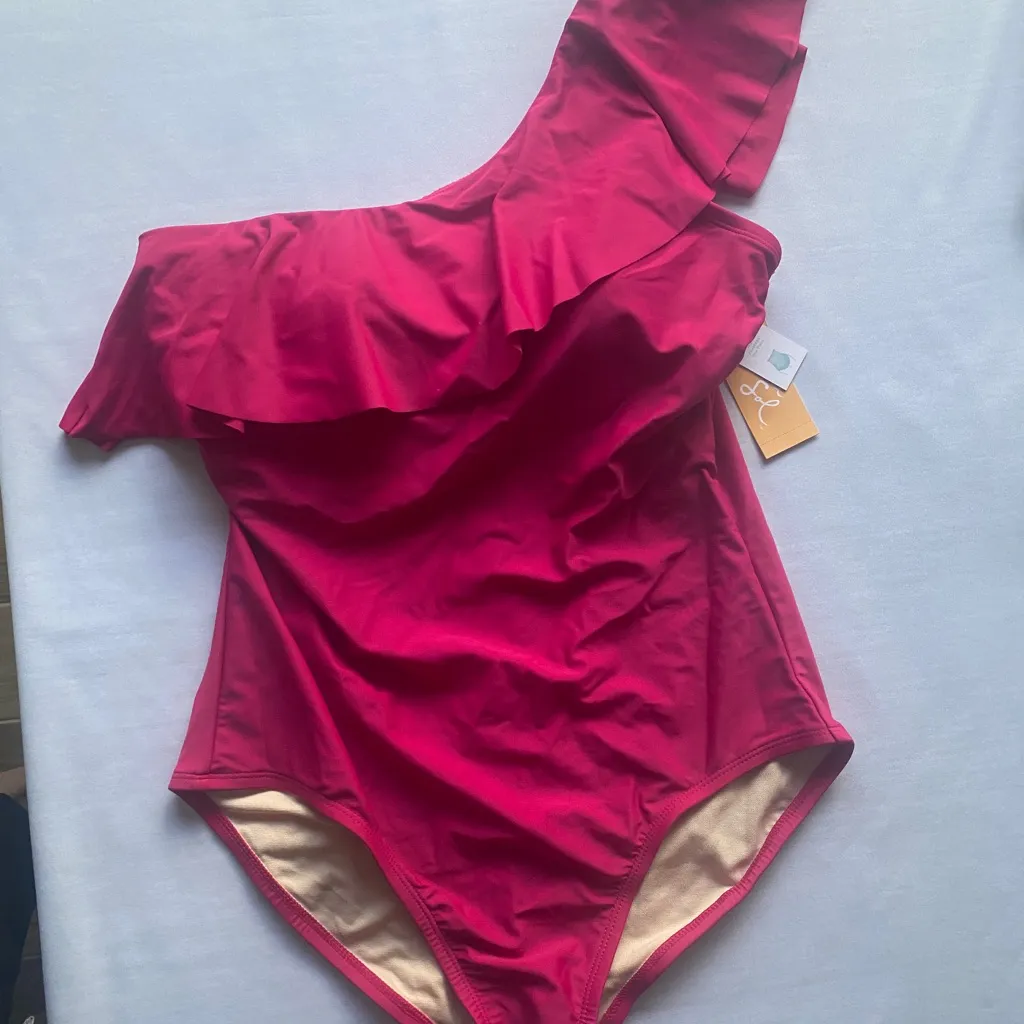 Women’s Ruffle‎ One Shoulder Coverage One Piece Pink Swimsuit
Size L (12-14 - Image 6