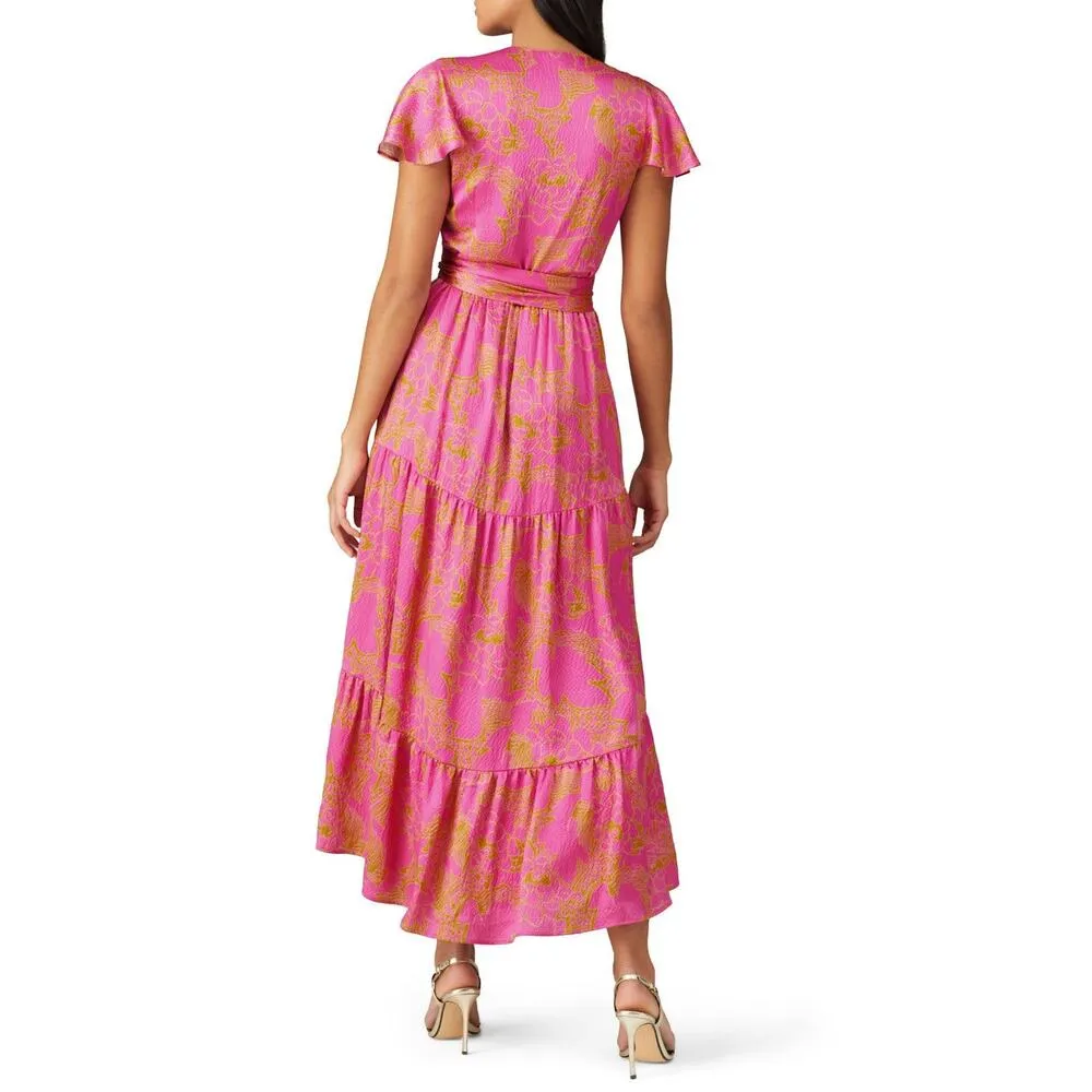 TANYA TAYLOR Women's Pink Orange Floral 100% Silk V-Neck Lisa Wrap Dress size 2 - Image 3