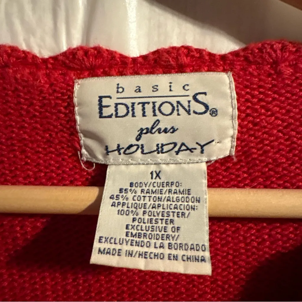 Vtg Basic‎ Editions Christmas Sweater Womans 1X Red Holiday Cardinal Patch 90s - Image 3