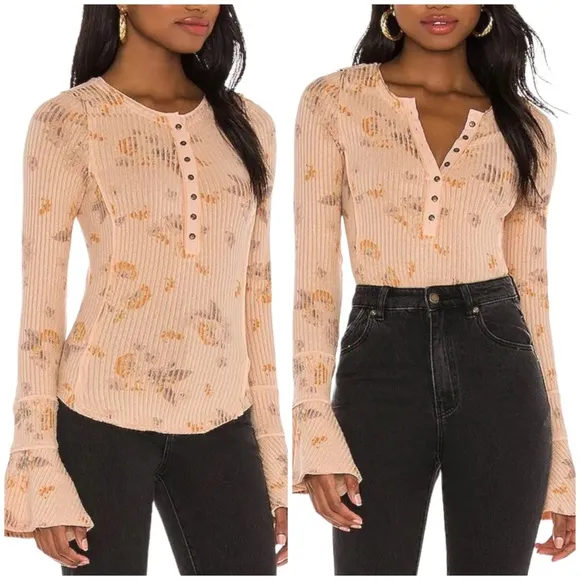 Free People Layer Me Henley Button Bell Sleeve Ribbed Peach Medium - Image 2