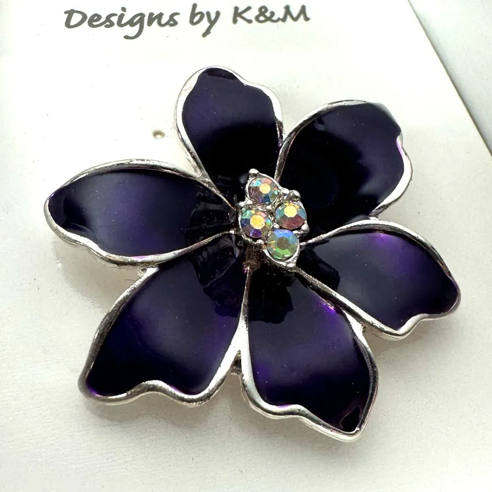 Designs By K&M Purple Flower Brooch Pin Rhinestone Enamel Silver Statement Piece - Image 2