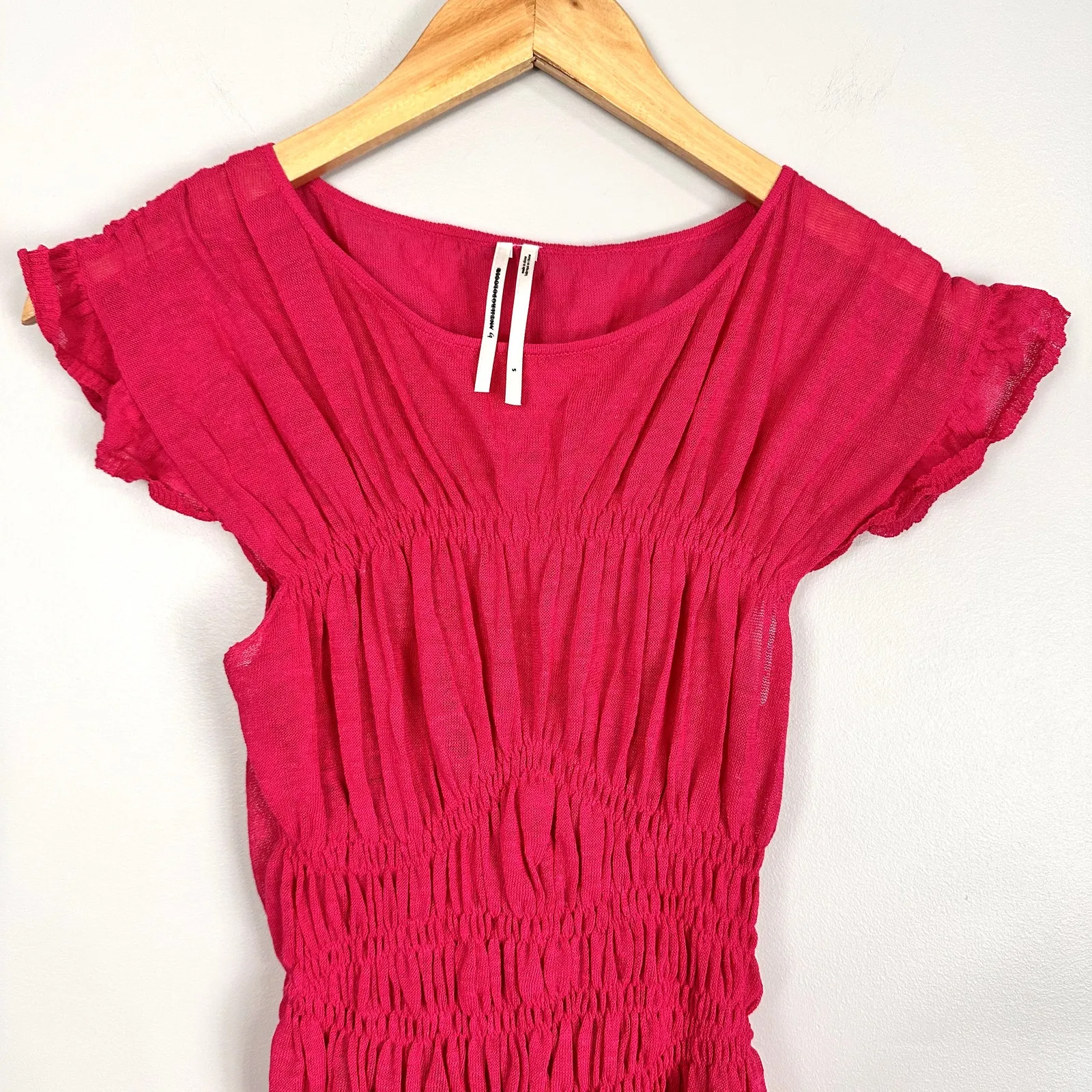 By Anthropologie Sheer Smocked Ruffled Asymmetrical Hot Pink Sweater Tank Small - Image 4