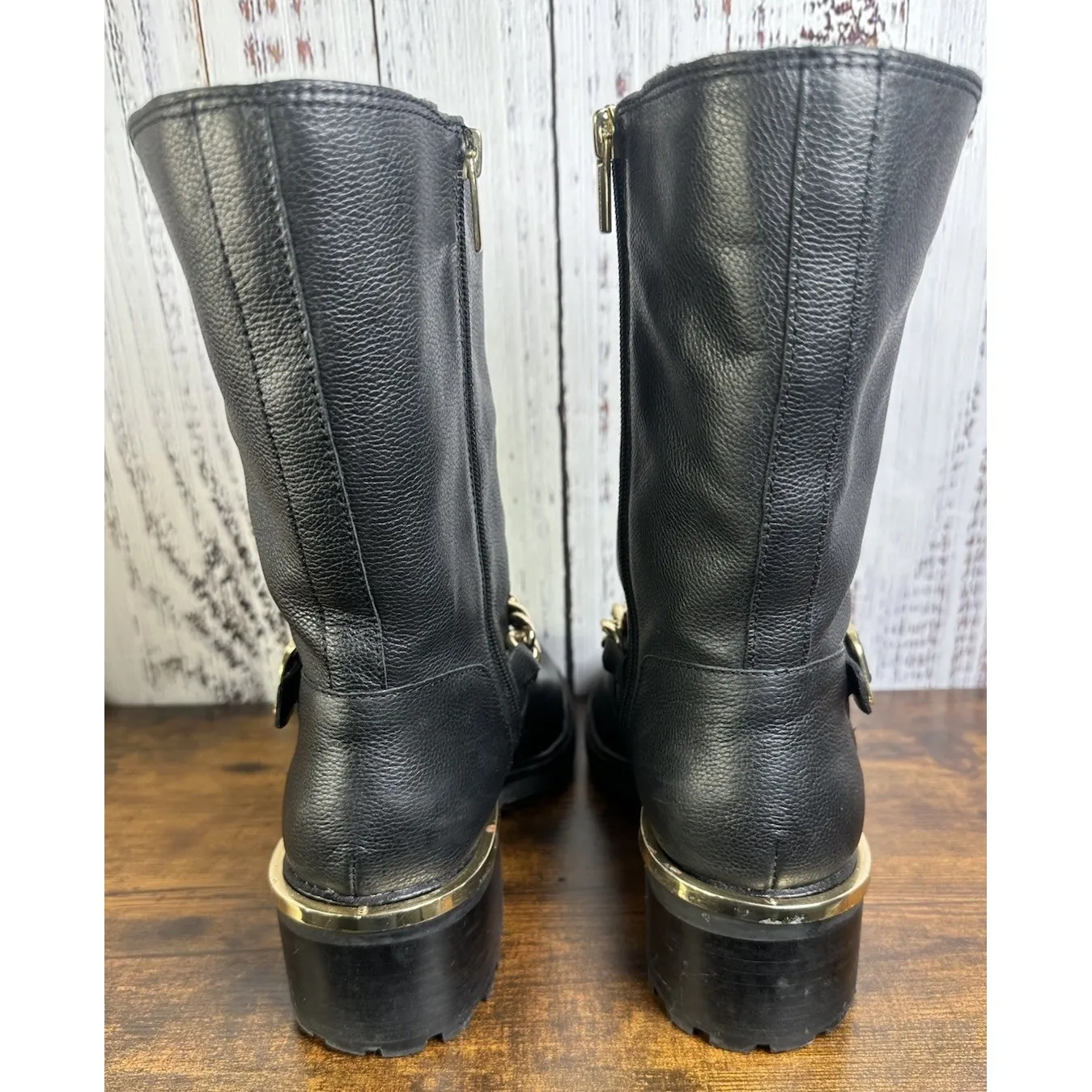 Vince Camuto Keshilla Gold Chain Black Chunky Heel Boots Classic 8.5M Zipper - Image 4
