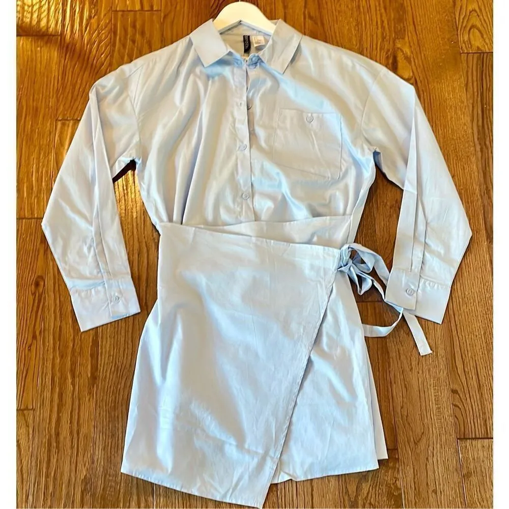 H&M NWT blue cotton poplin wrap skirt shirt dress small - Image 4
