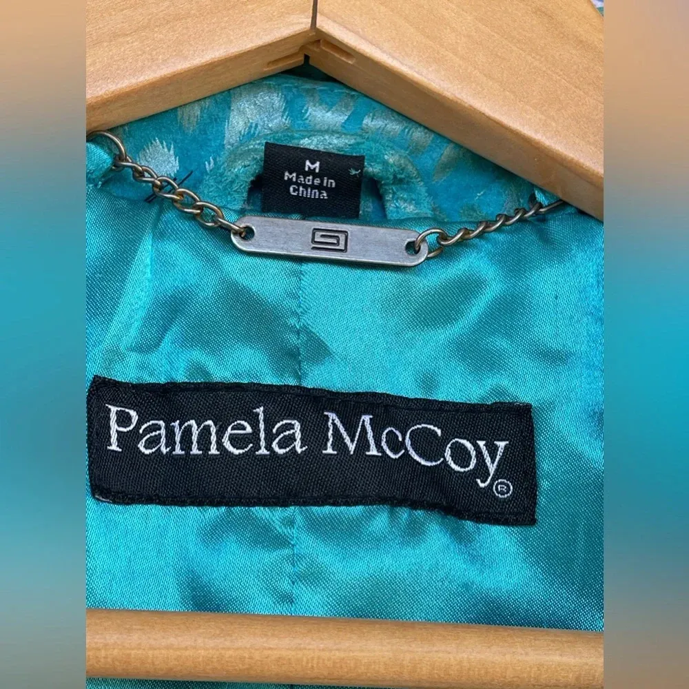 Pamela McCoy Turquoise Cheetah Leopard Print 100% Leather Full Zip Jacket medium Green - Image 3