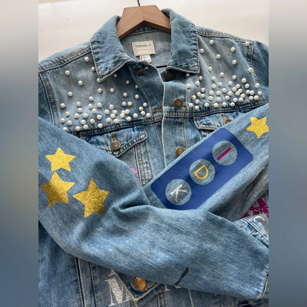 Forever 21 customised Taylor Swift inspired denim concert jacket beaded S - Image 4
