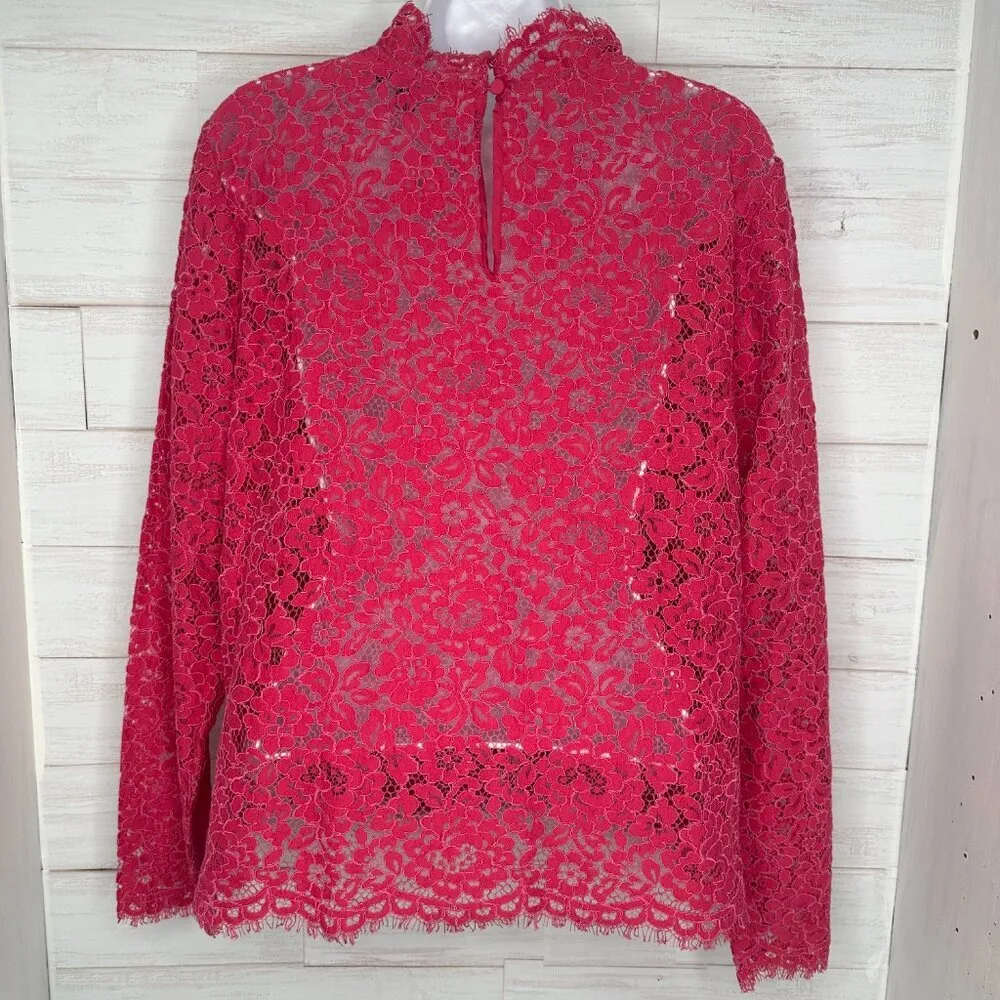 NWOT J Crew Scalloped Eyelet‎ Lace Mock Neck Fringe Hem Blouse in Pink Size 14 - Image 4