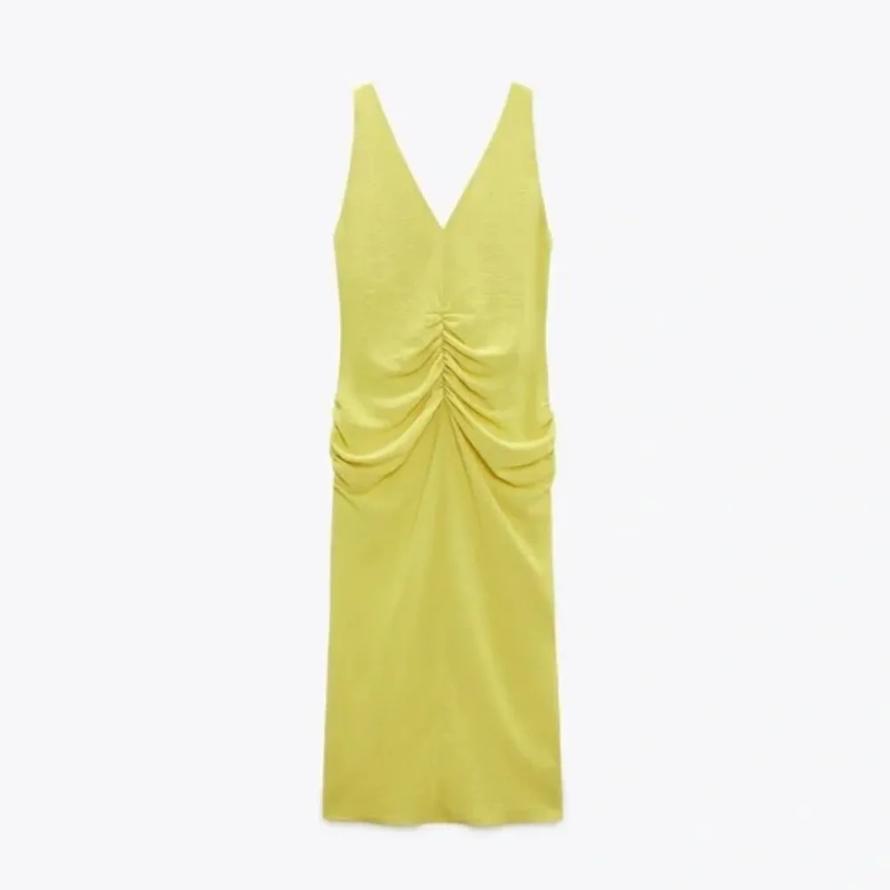 NWOT  Zara Center Ruched Detail V-Neck Wide Straps Yellow Midi Dress - Image 10
