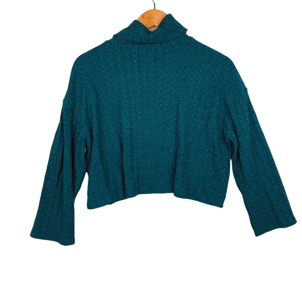 Modcloth Teal with Multicolor Knit Cropped Long Sleeve Turtle Neck Size Medium - Image 2