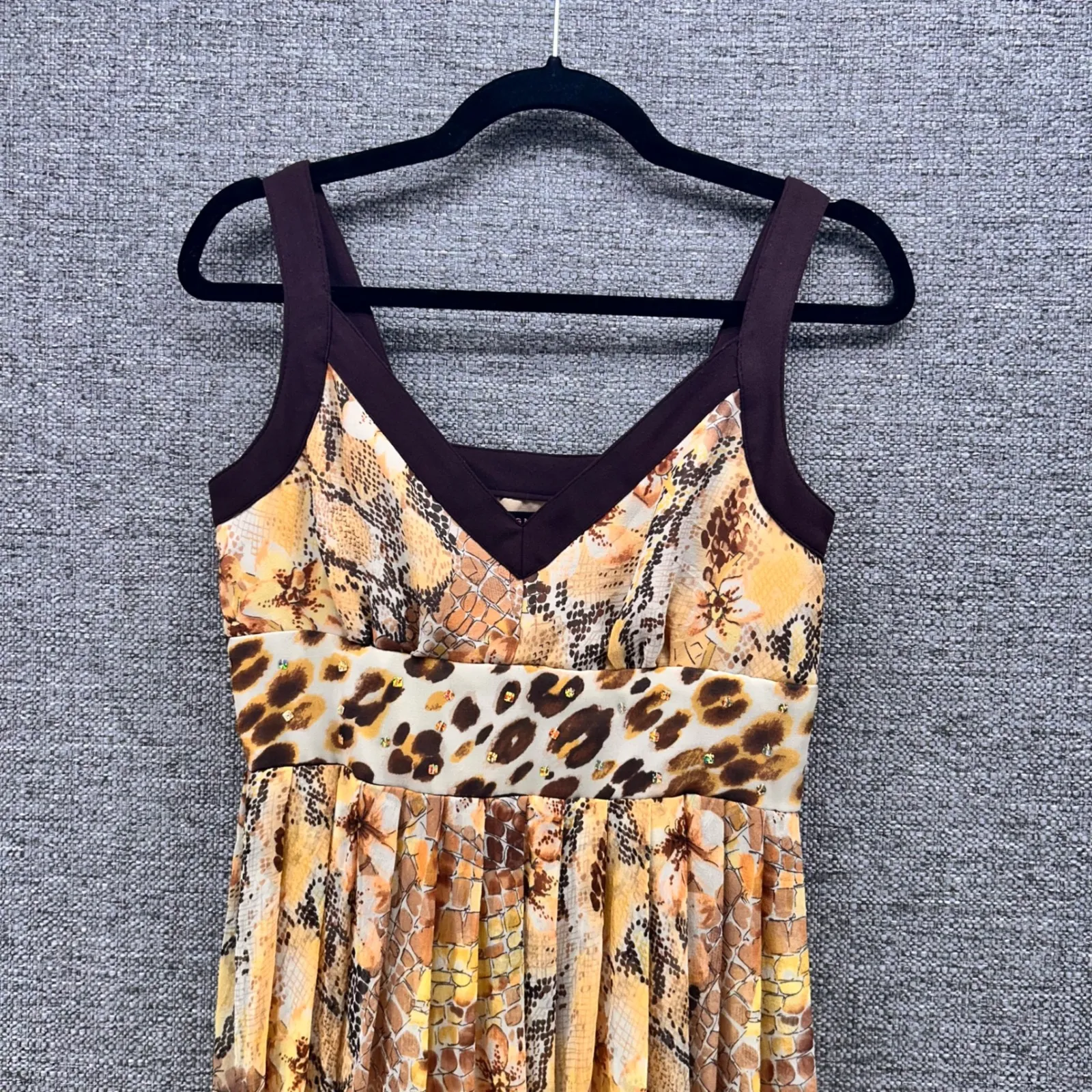 Y2K Baby Doll Dress Size 6 Fairy Grunge Mixed‎ Print Pure Silk Flowy Light Brown - Image 3