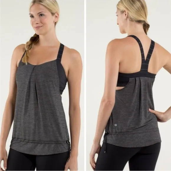 Lululemon Rest Less Tank Heather Gray/Black Built in Sports Bra Tanktop Size 8 - Image 2