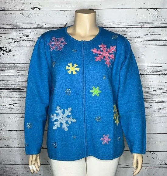 Quacker Factory NWT 2X Blue - Snowflake Embroidery Christmas Wool Sweater Jacket - Image 1