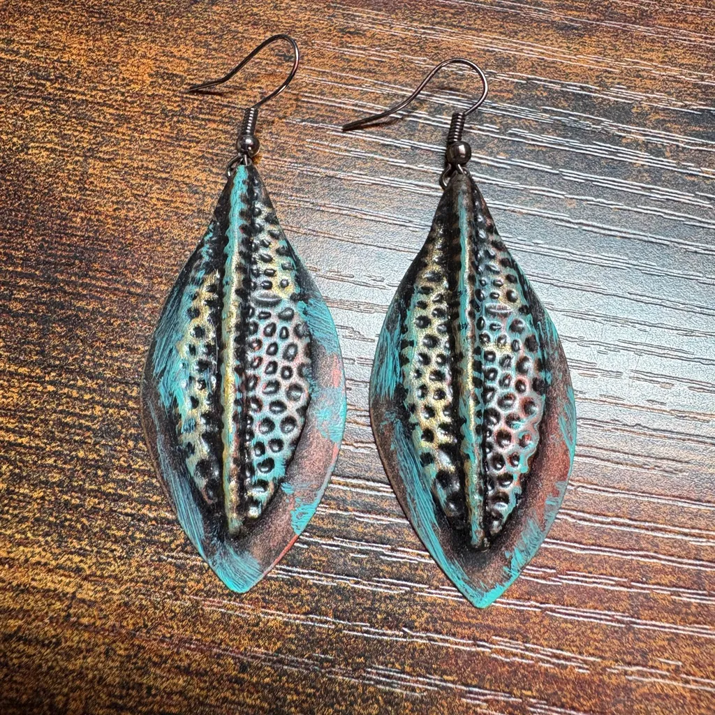 Artistic Earrings Featuring A Turquoise & Brown Leaf Design. Blue - Image 2