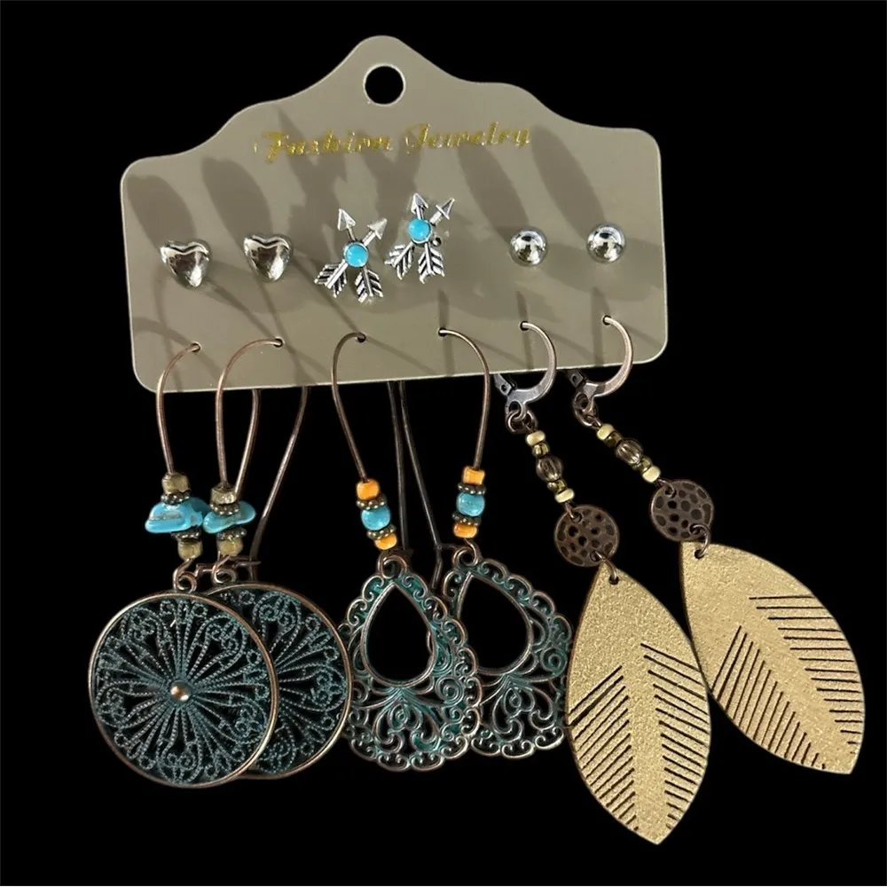 Blue Tan Bronze Silver Earrings Set 6 Pairs - Image 2