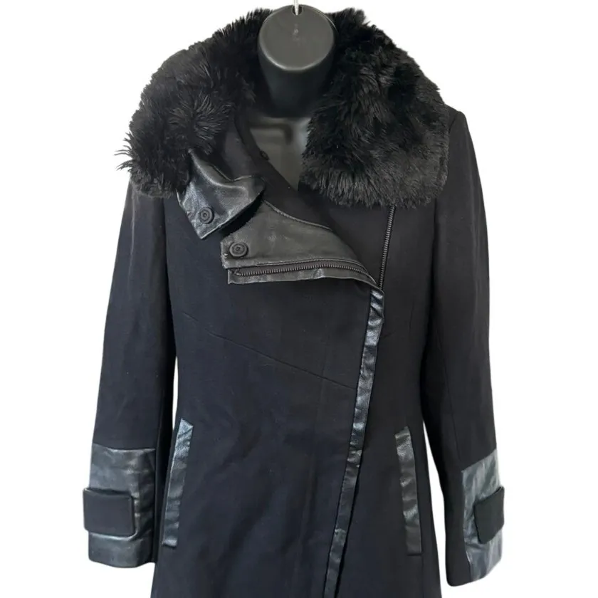Via Spiga Wool Faux Fur Collar Jacket Sz 2P Black Military Moto Faux Leather - Image 6