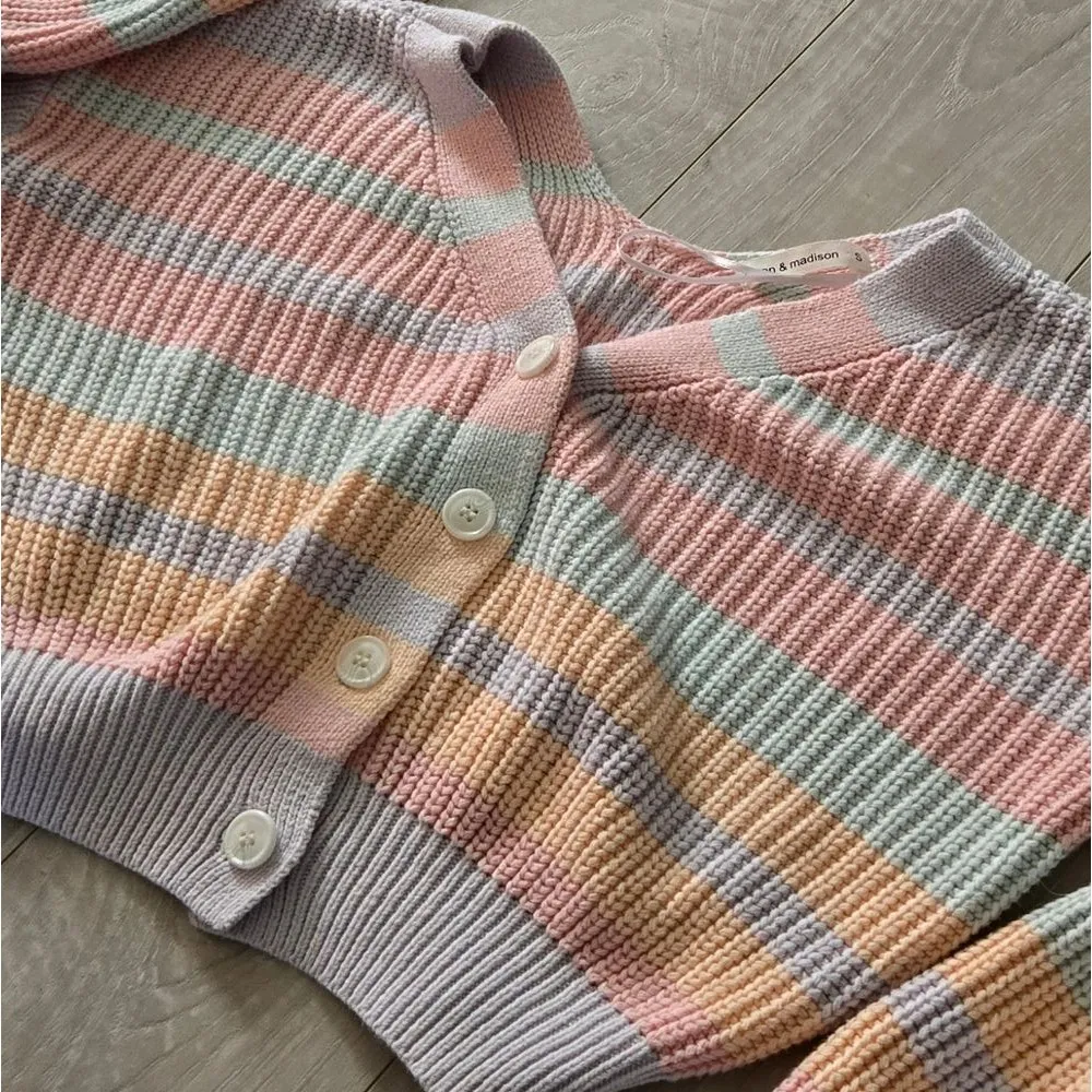 Striped Pastel Button Front Cardigan Sweater Small Knit Cozy Pink - Image 6