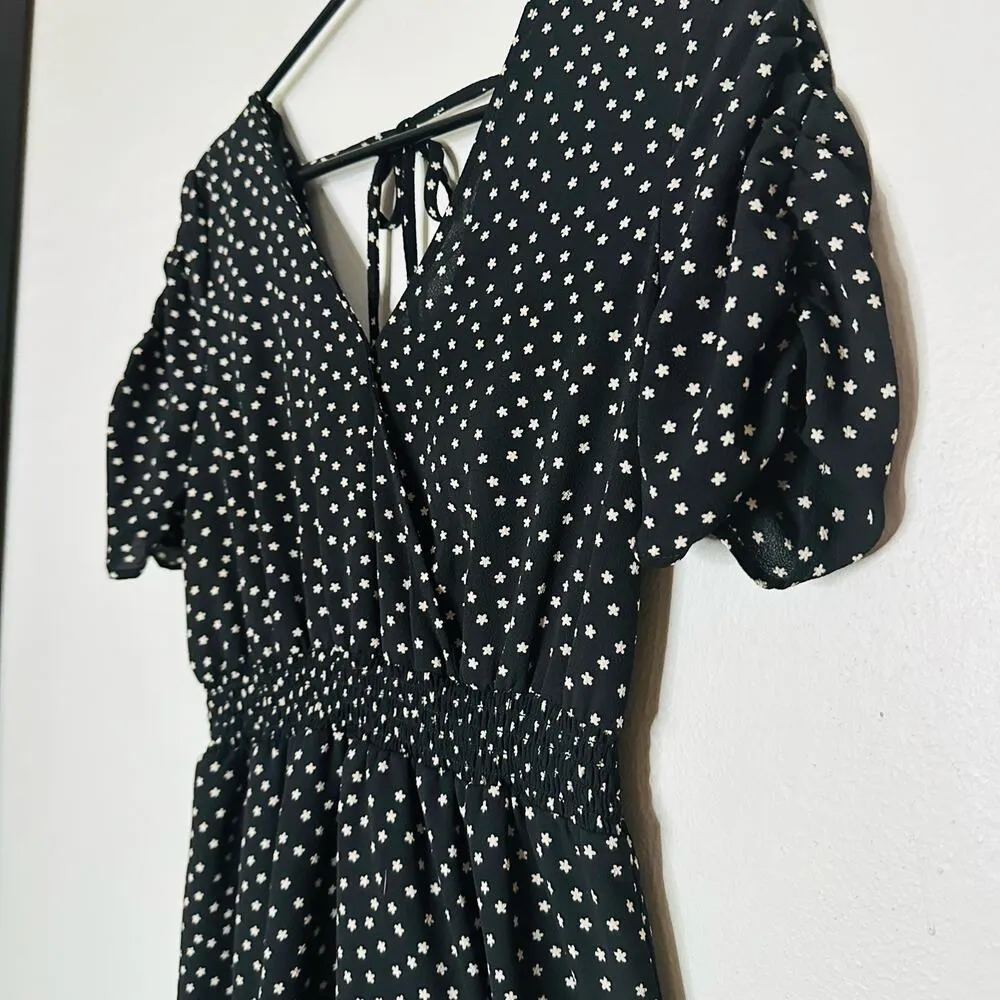 NWT GOOD LUCK GEM Black & White Floral Ruched Short Sleeves Midi Dress Size XS - Image 10