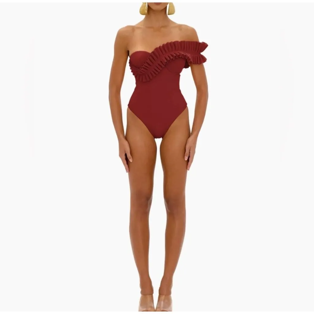 Andrea Iyamah Nisi One Shoulder Ruffle One Piece Swimsuit Chocolate Womens Size - Image 3