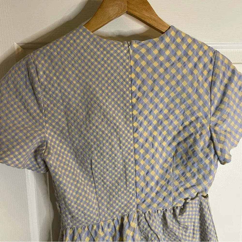 NEW Storia Blue & Yellow Plaid Asymmetrical Mini Wrap Dress Size Small chic - Image 6