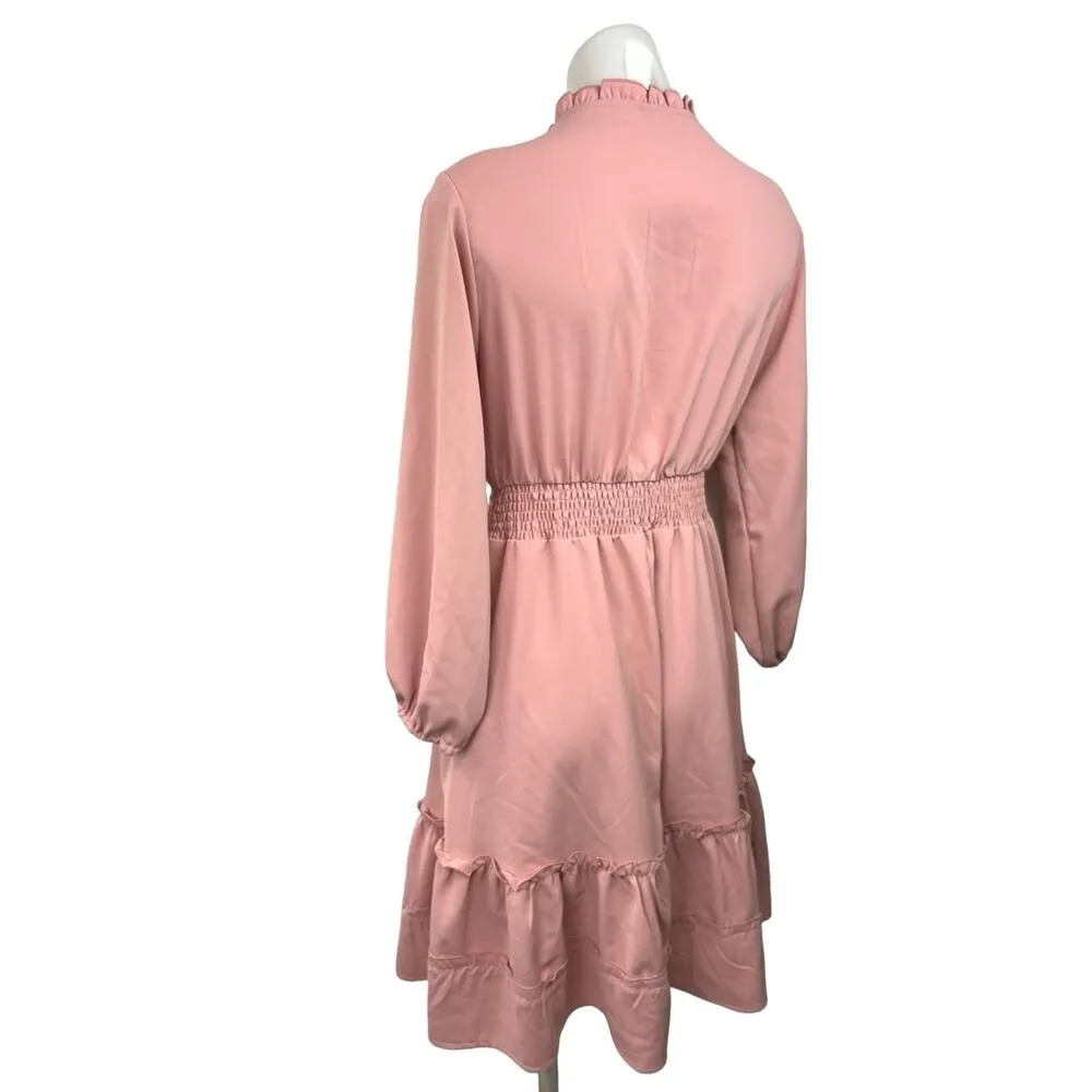 BROVAVE Pink Smocked Waist Ruffle Collar Tiered Peasant Midi A - Image 2