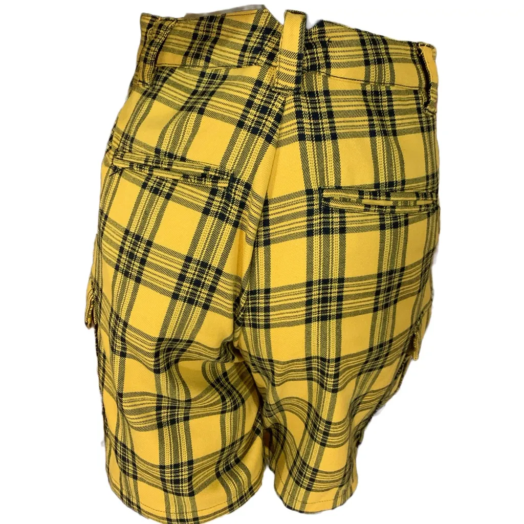 HOT TOPIC YELLOW & BLACK PLAID PLEATED FRONT CARGO SUSPENDER SHORTS (S) - Image 6