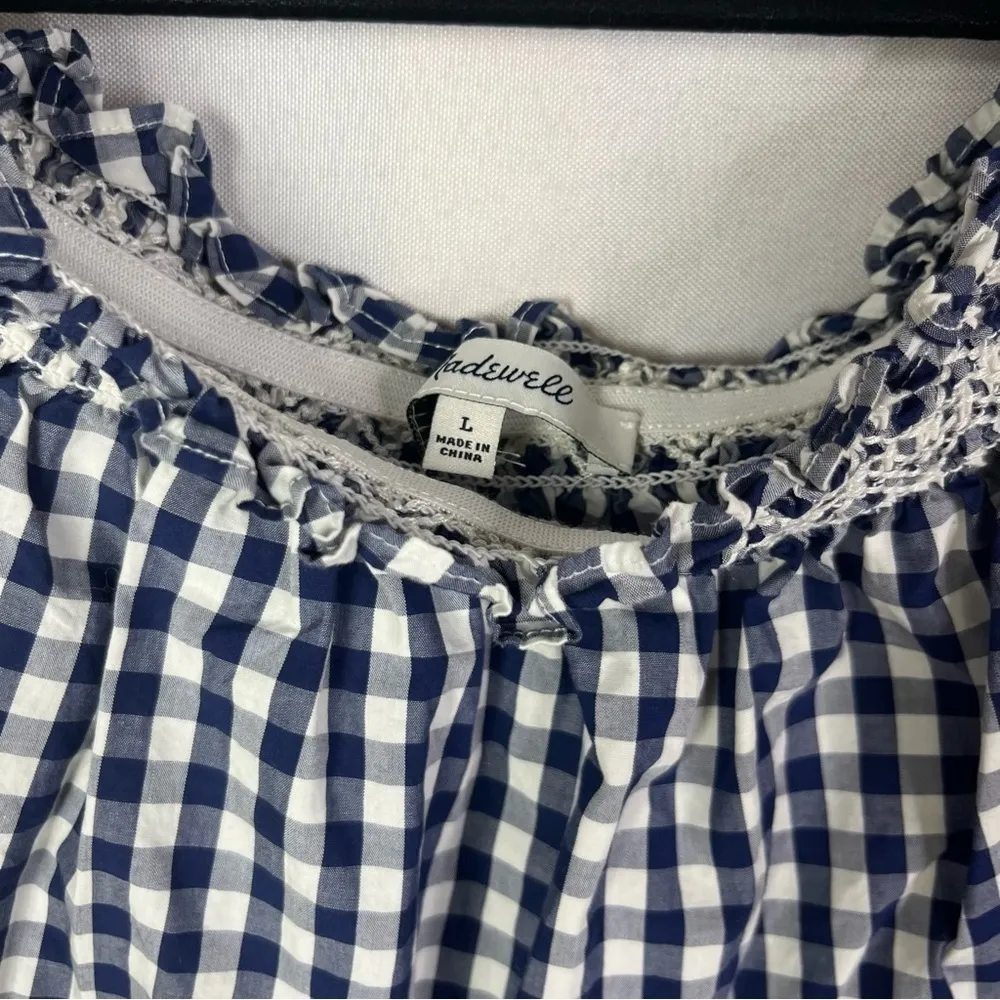 Madewell Smocked Blue & White Gingham Plaid Off The Shoulder Long Sleeve L - Image 4