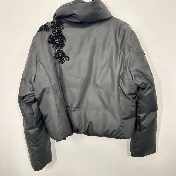 Guess Y2K Black Puffer Jacket Floral Embroidered‎ Whimsigoth 90s Streetwear XL - Image 2