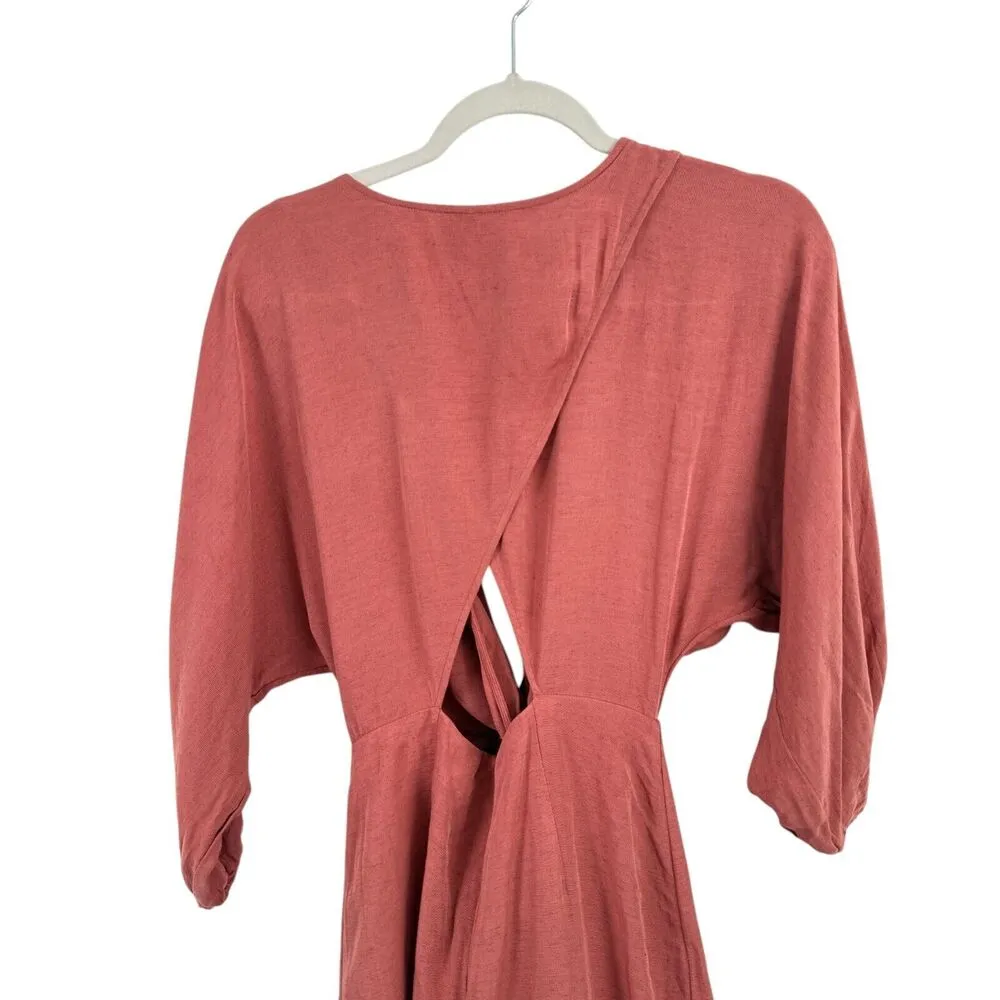 Anthropologie Puff Sleeve Wrap Mini Dress Linen Blend Rose Pink Womens Size 8 - Image 9