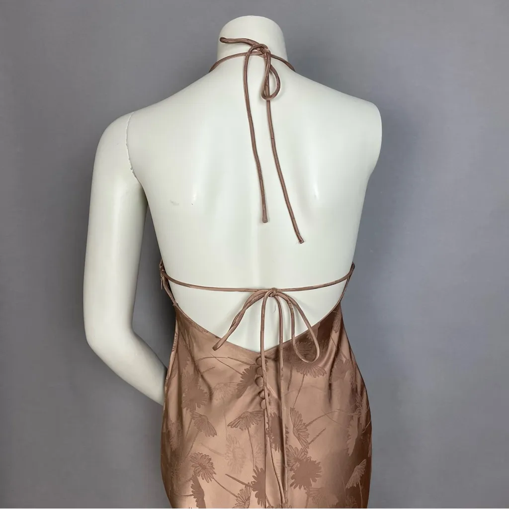 Wild Fable Halter Dress Floral Brown Size XS Backless Back Slit Elegant Maxi - Image 7