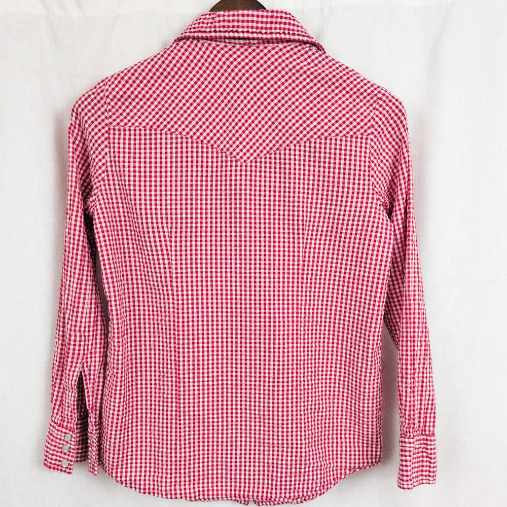 Ladies' Vintage Western Snap Seersucker Red Check Shirt Small - Image 4