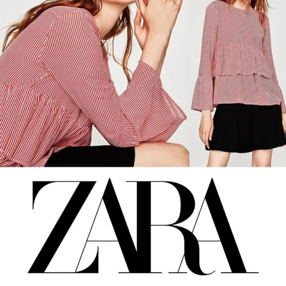 ZARA blouse Red Stripe Ruffle Top small - Image 2