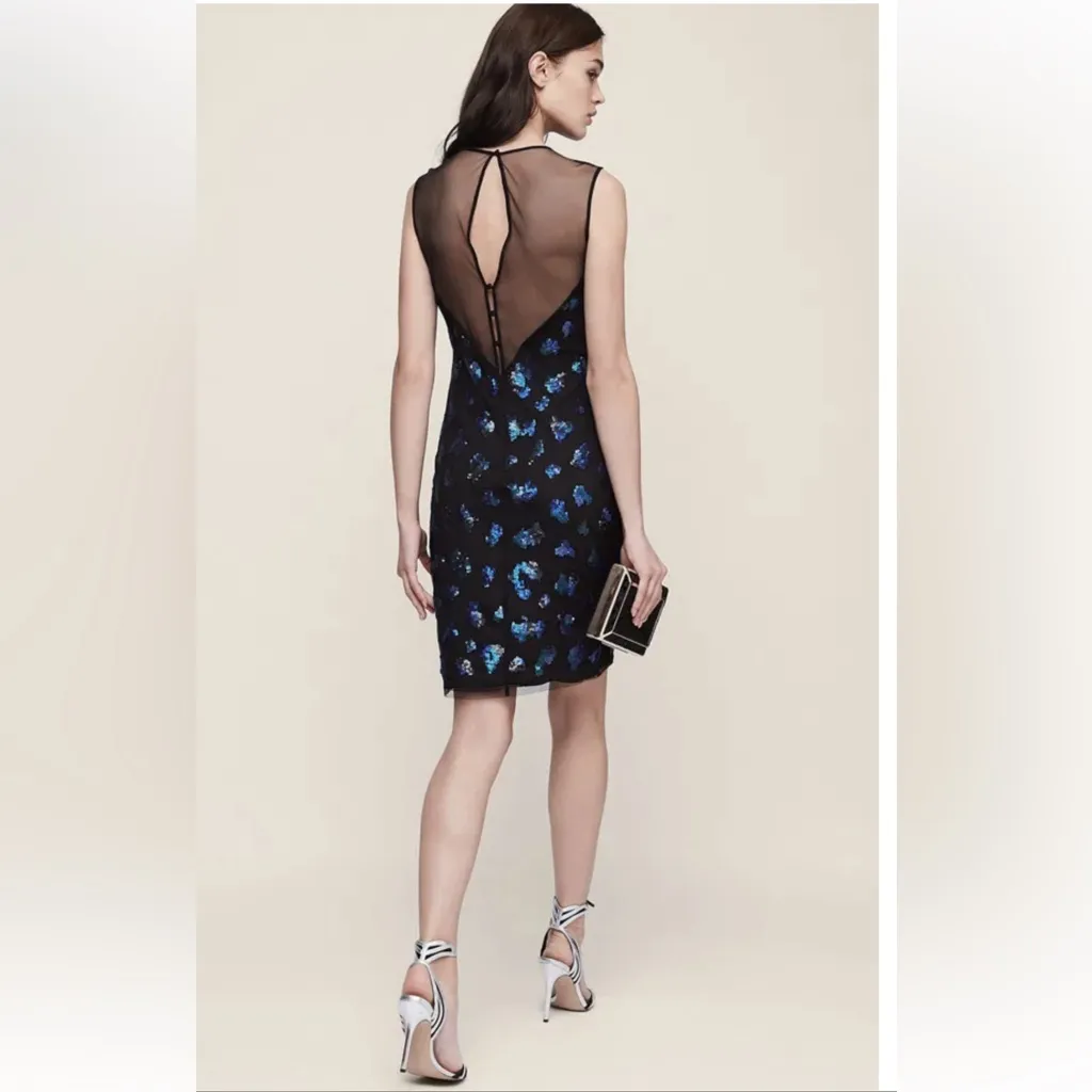 REISS Peacock Sequin Embellished Cocktail Dress Sheer Mesh Back Women’s Size 4 - Image 3