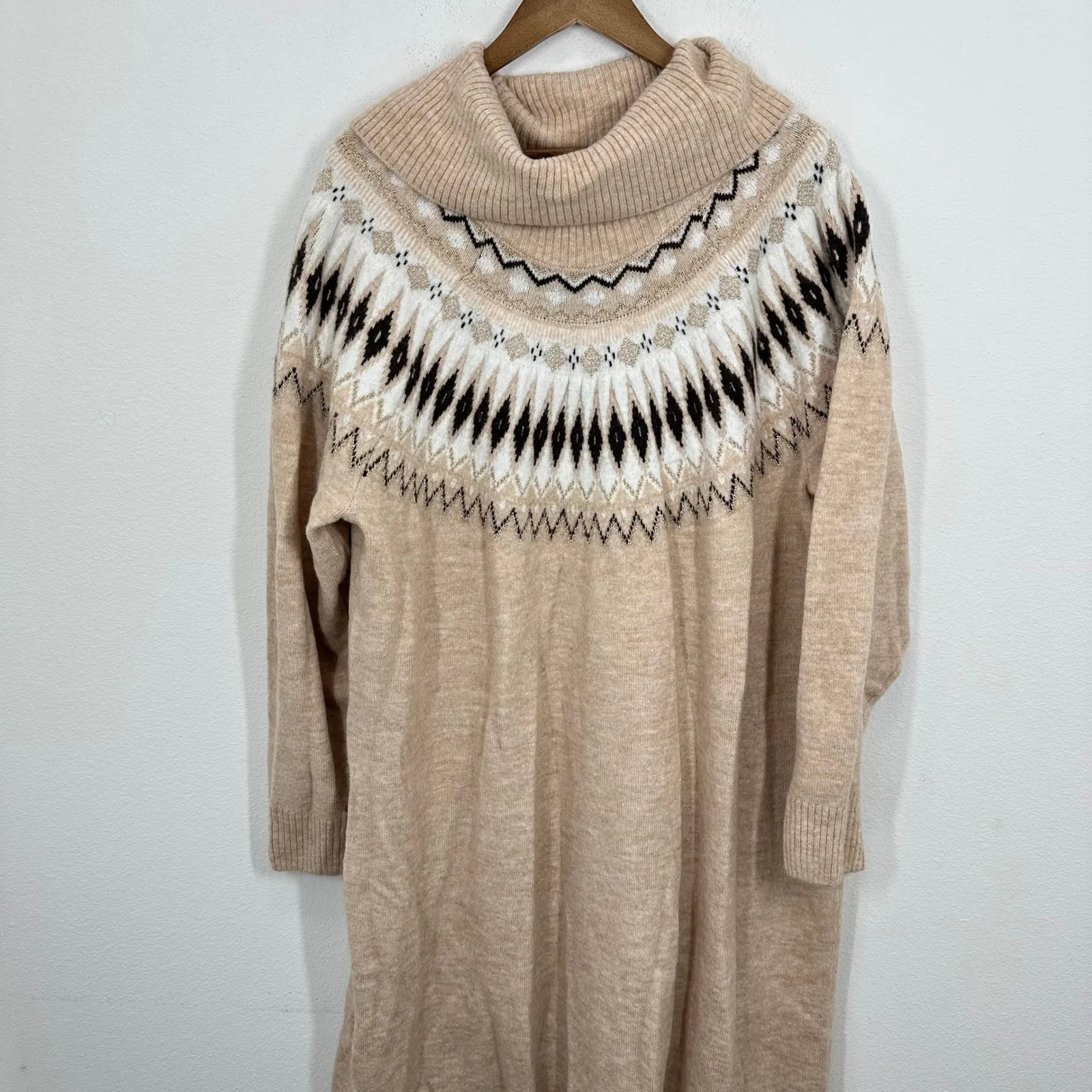 Lane Bryant Fair Isle Turtleneck Sweater Dress Beige Tan Black White Size 26/28 - Image 3