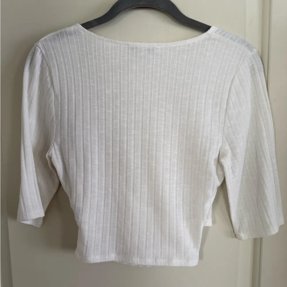 Express One Eleven Ribbed Crossover Cropped Balletcore Top in Cream Size Medium - Image 3