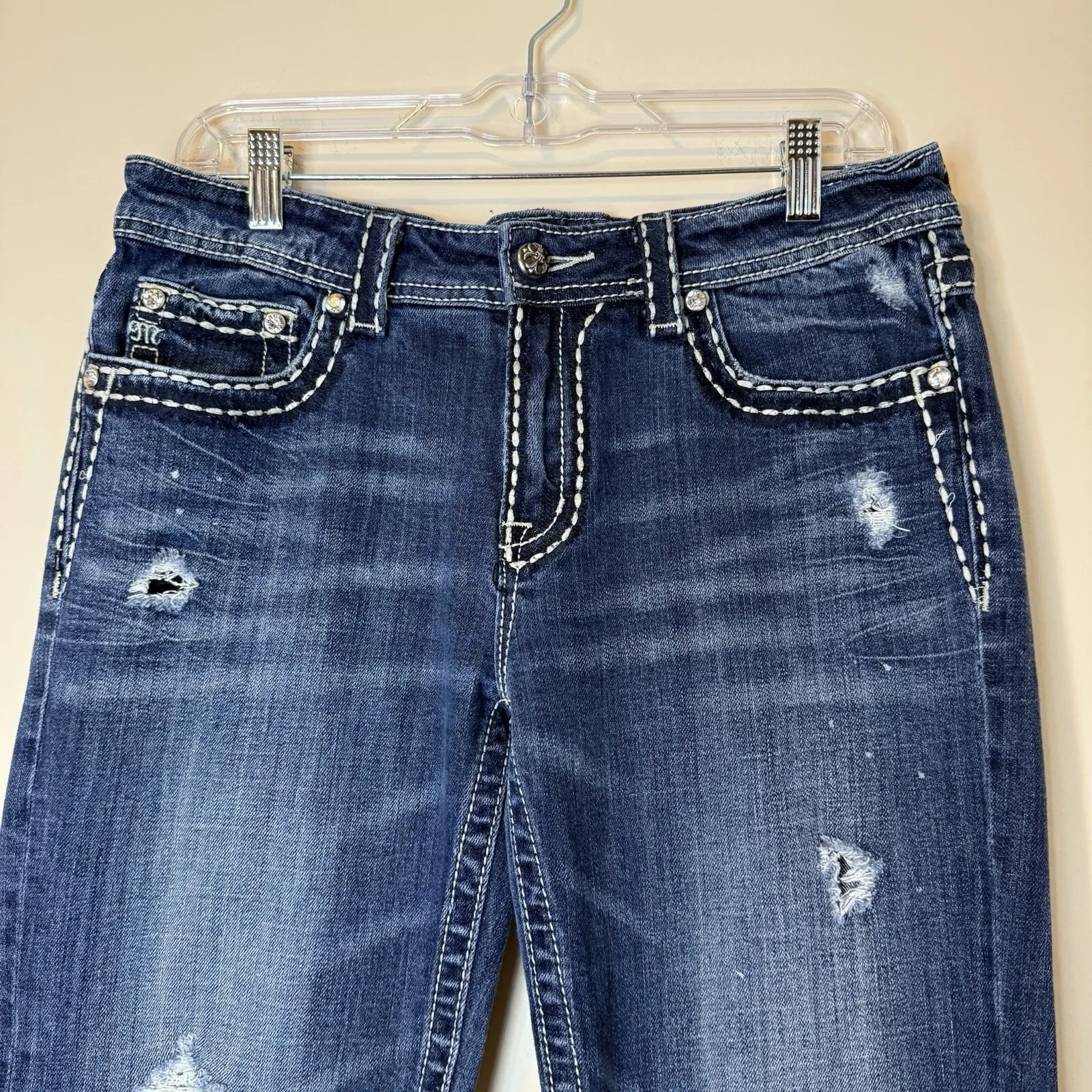 Miss Me Modelo Boyfriend Distress Mid Rise Dk Wash Capri Rhinestone Jeans 6/28 # - Image 7
