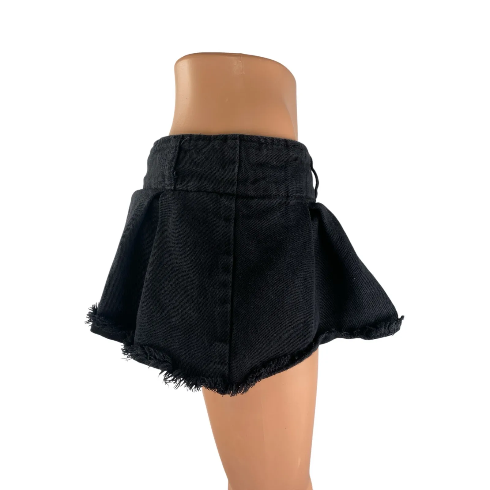 Edikted Black Denim Pleated Raw Frayed Hem Micro Mini Flare A-Line Skirt Size M - Image 3