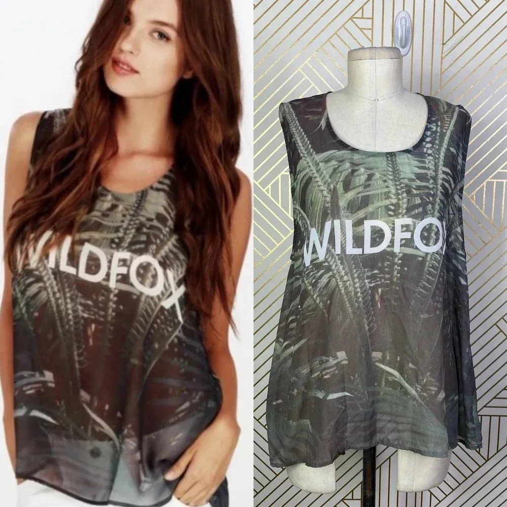 Wildfox Palm Jungle Breezy Graphic Logo Tank Top Green Semi Sheer Size‎ US Small - Image 2