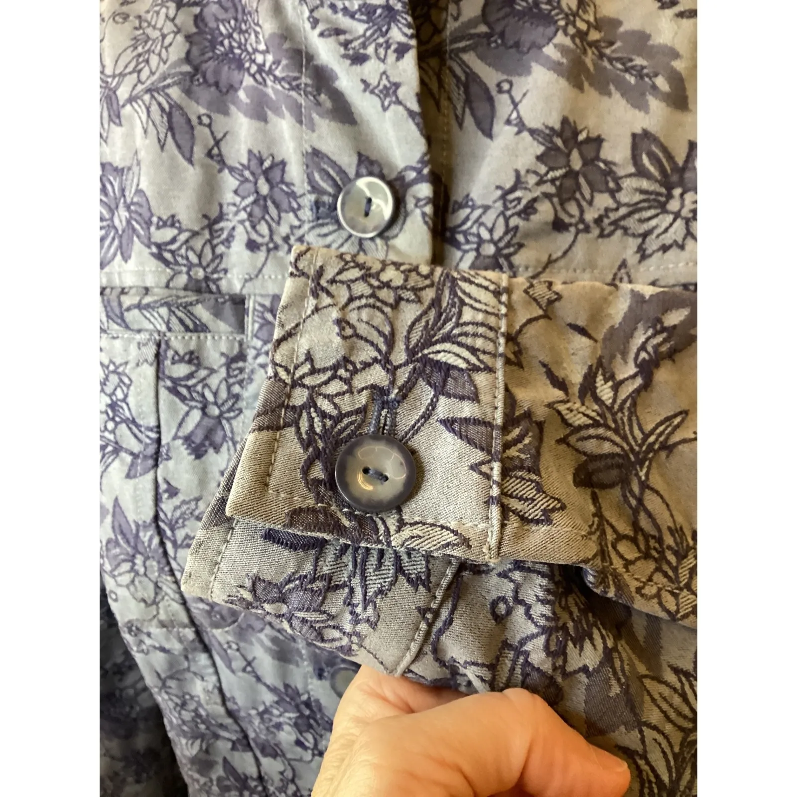 Rebecca Malone Blue Floral Print Button Up Jacket Women's Size S Mandarin Collar - Image 3