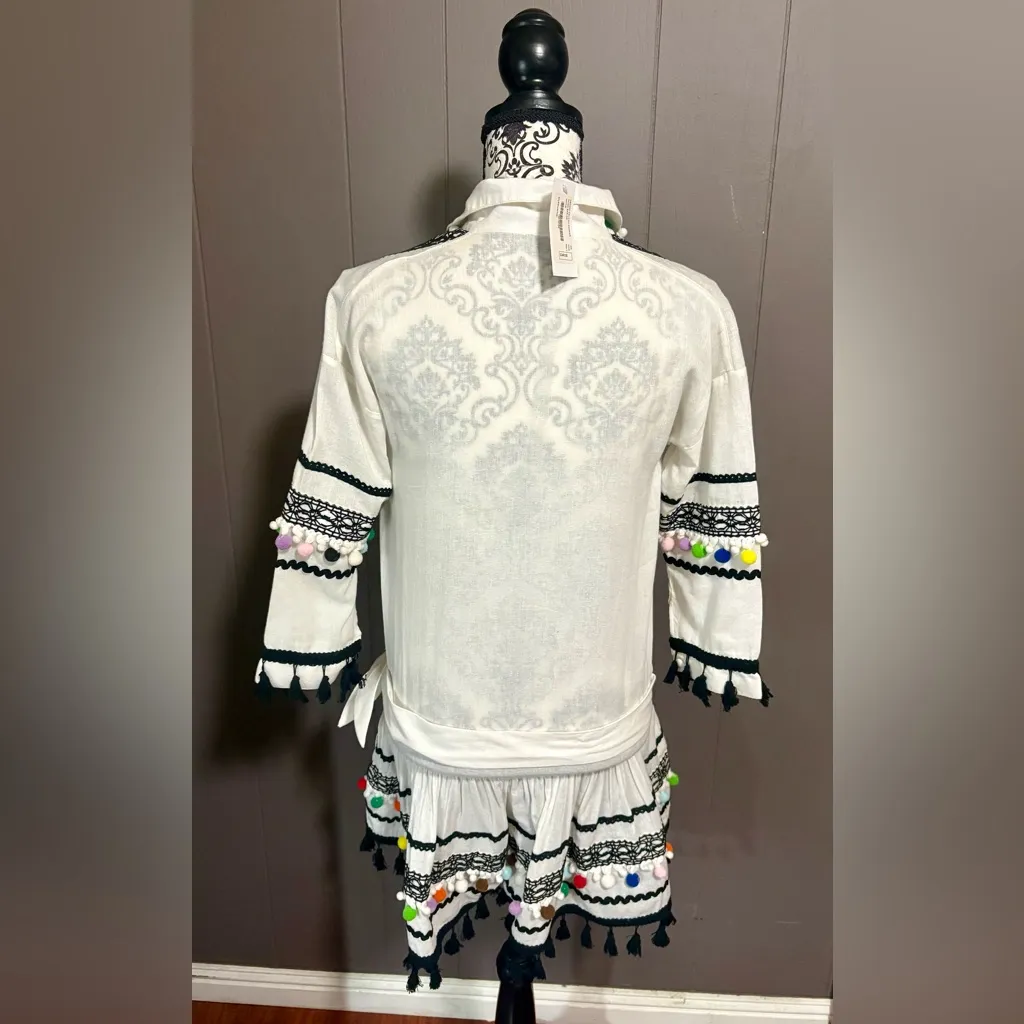 DODO BAR OR Delilah White and Black Embroidered Romper with Colorful Pom Pom - Image 4