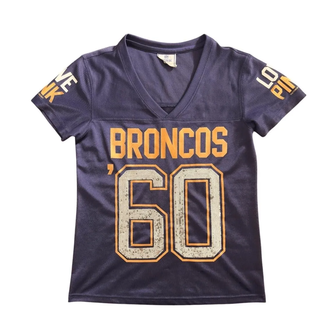 PINK NFL Broncos Womens Blue Sequin Glitter Jersey Sporty Fanwear Size XS - Image 6