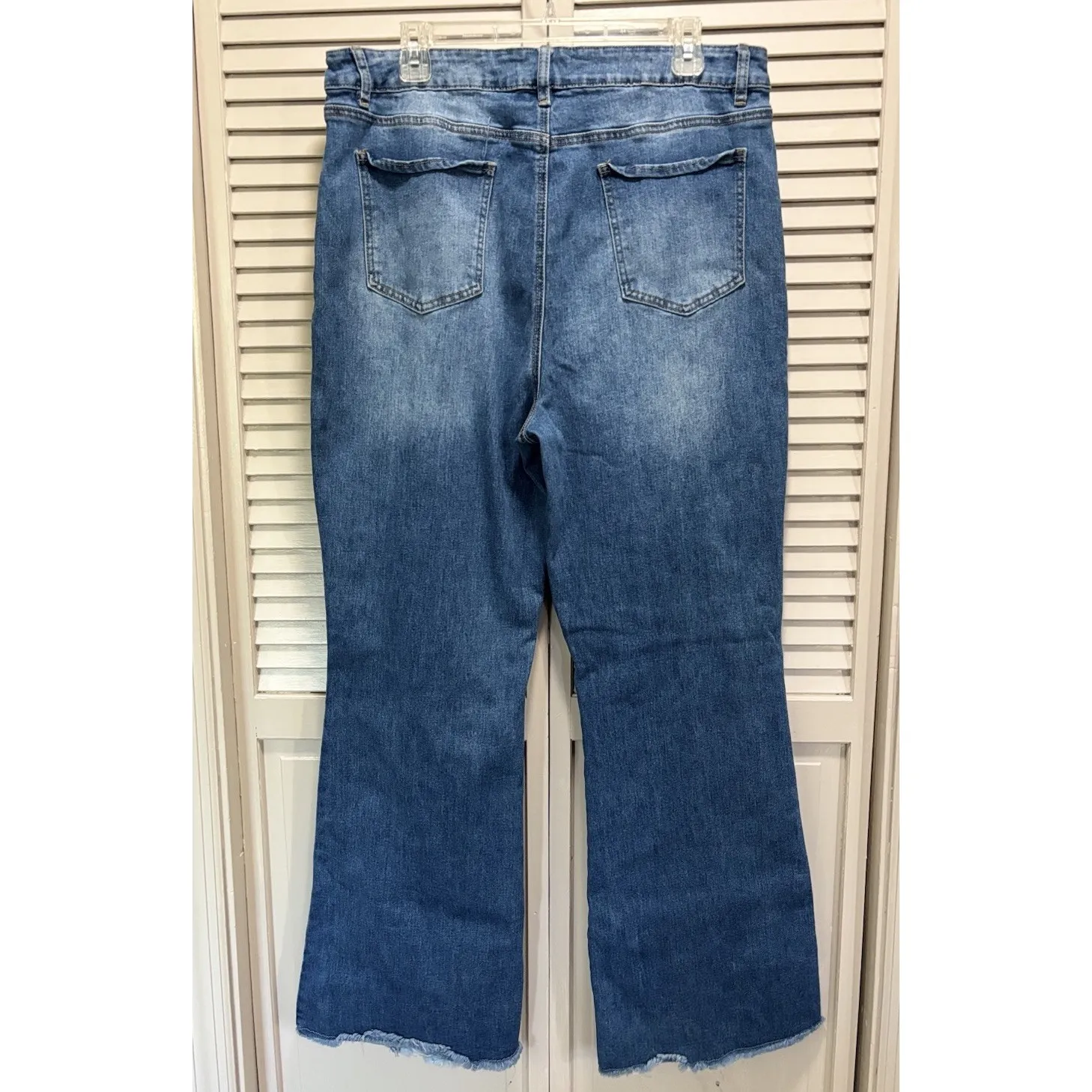 Madden NYC Denim Jeans Color block Flare Size 19 High Rise Logo Pockets Fray Hem Blue - Image 5